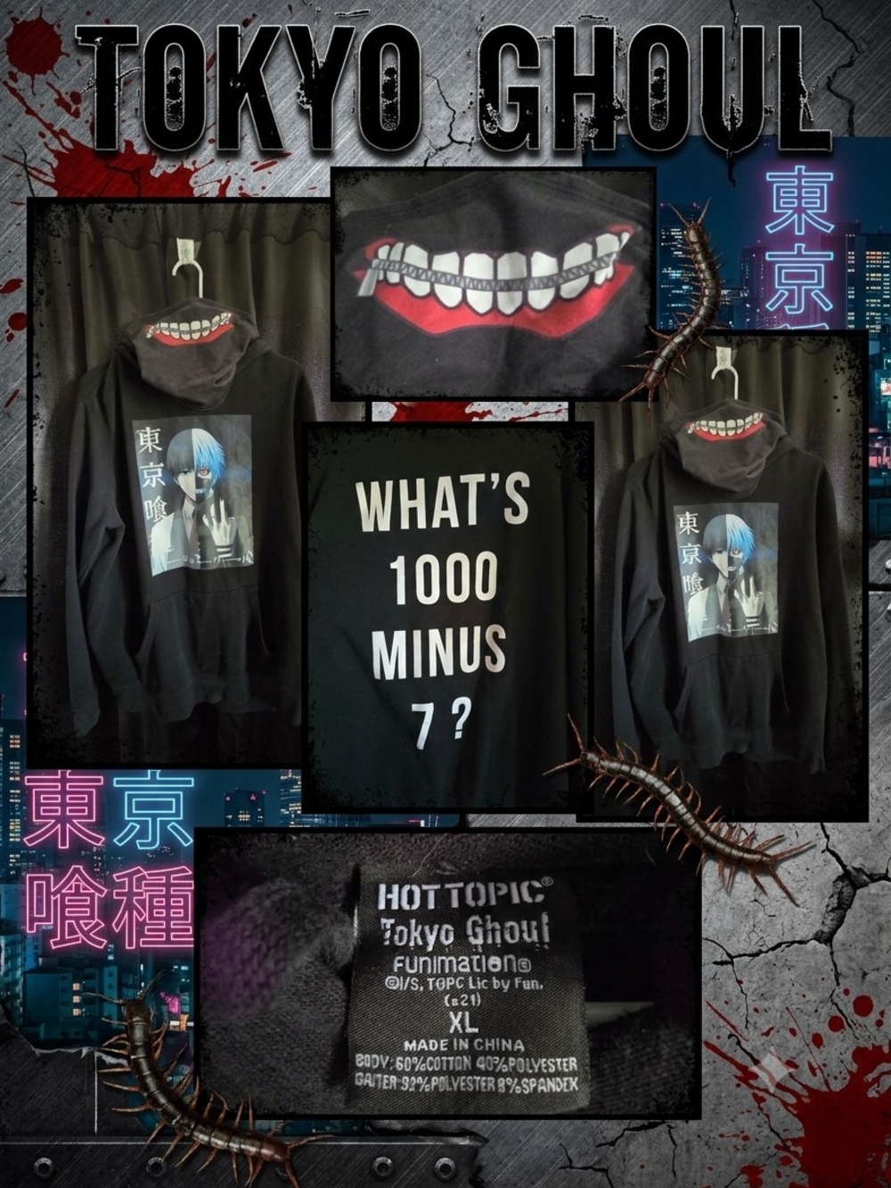 Hot Topic Tokyo Ghoul Black Graphic Hoodie - What's 1000 Minus 7?
